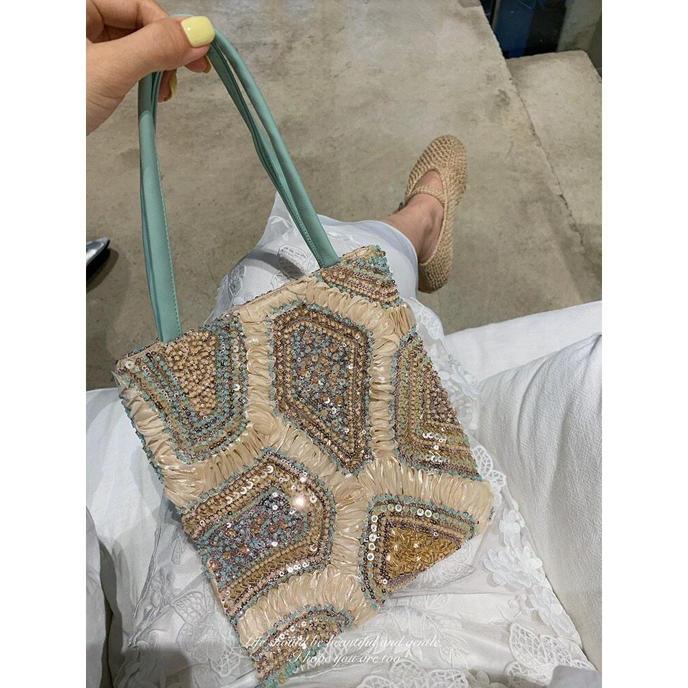 Vintage Fashion Fabrics - Gilded Mint Vintage Embroidered Sequin Handbag