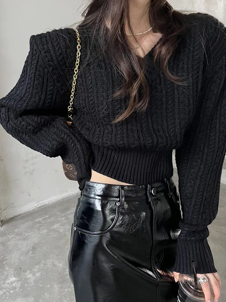 V Neck Short Sweater Women Kor - Vintage Fashion Old Money ulasan dan harga
