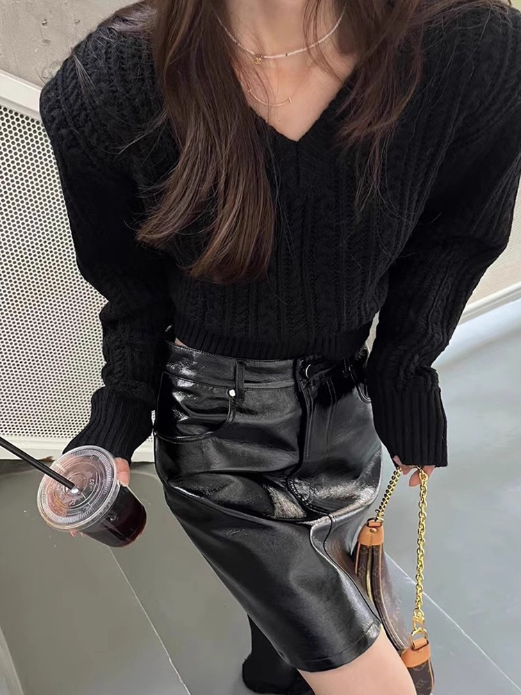 V Neck Short Sweater Women Kor - Vintage Fashion Old Money ulasan dan harga